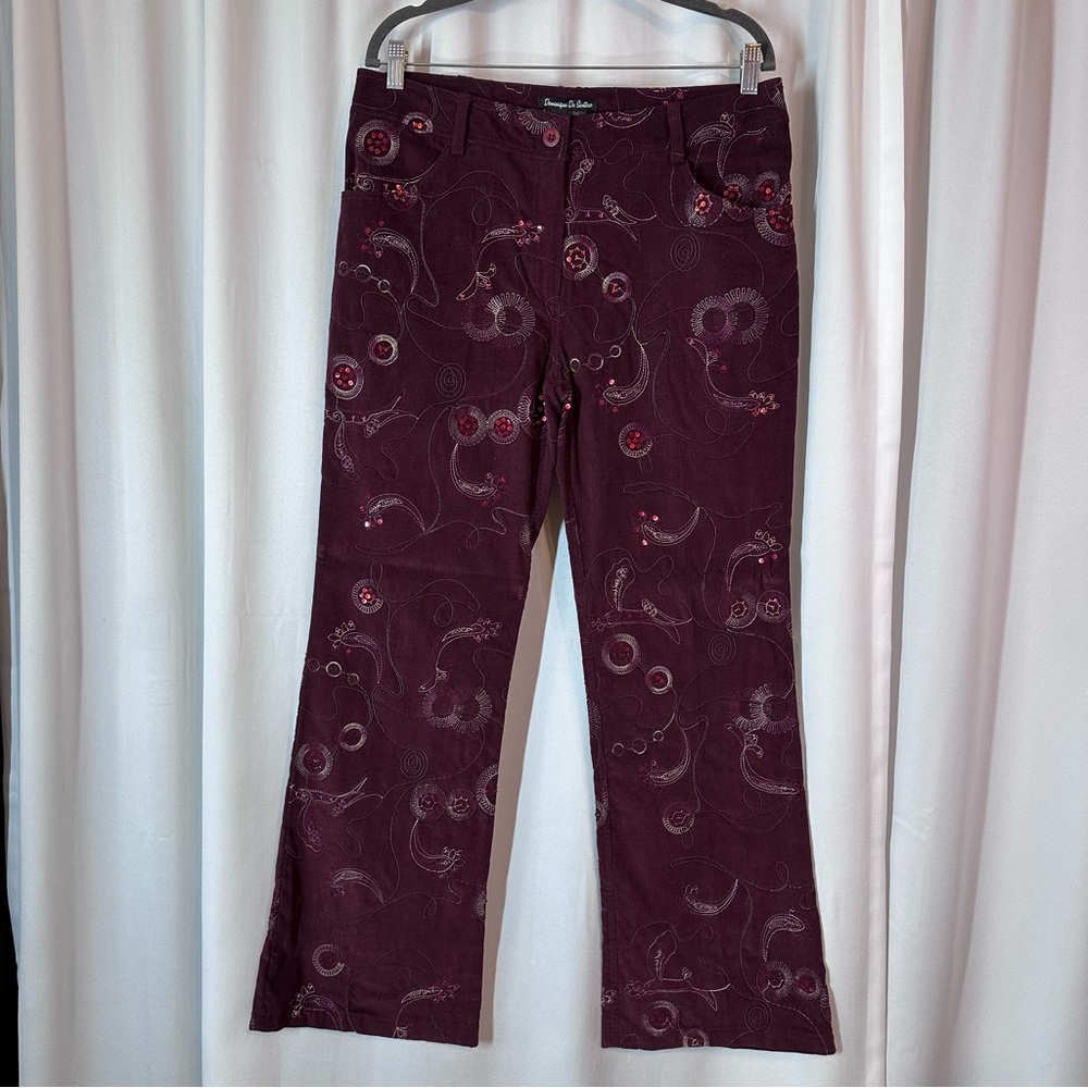 NWOT Dominique De Sentino Sz 12 Pants Silk/Wool Corduroy‎ Embroidered Wide-Leg